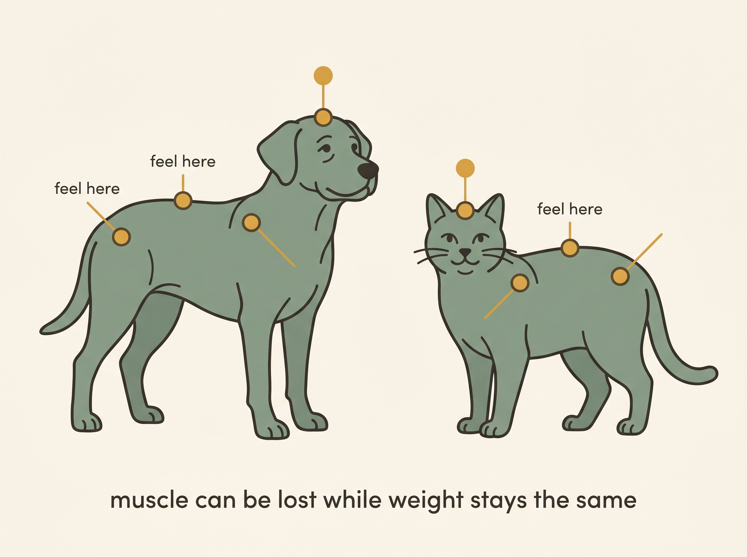 A side-by-side illustration of an older dog and an older cat with the four muscle-check areas marked: along the spine, over the skull, the shoulder blades and the hips, each labelled "feel here", with a small caption noting that body weight can stay the same while muscle is lost.
