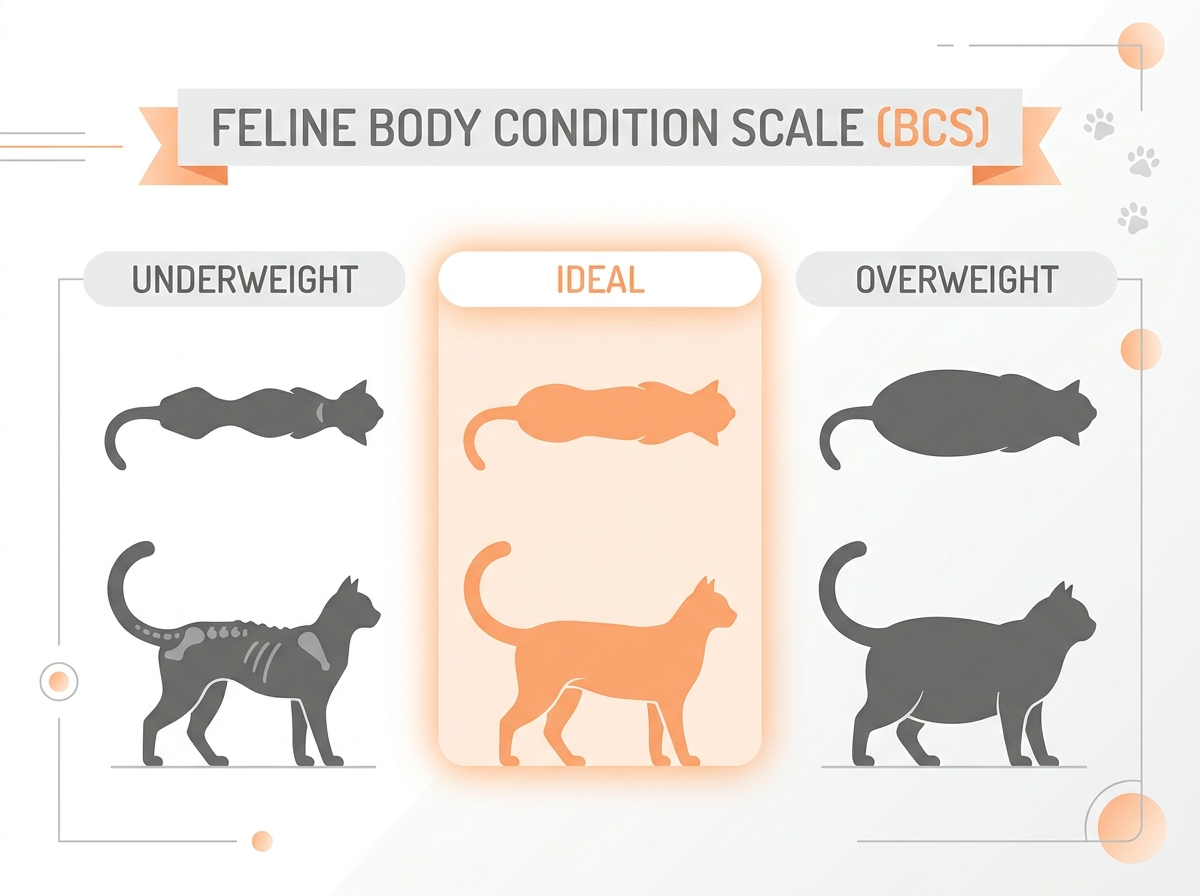 A feline body condition scale from underweight to overweight, ideal marked