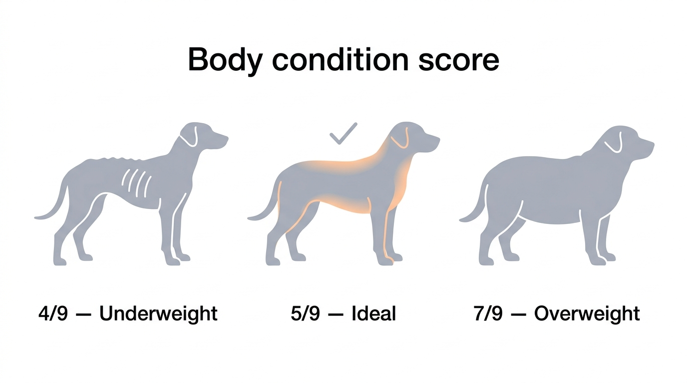 A medical illustration of three dog silhouettes side by side: underweight with visible ribs labelled 4/9, ideal with a clear waist labelled 5/9, and overweight with no waist labelled 7/9