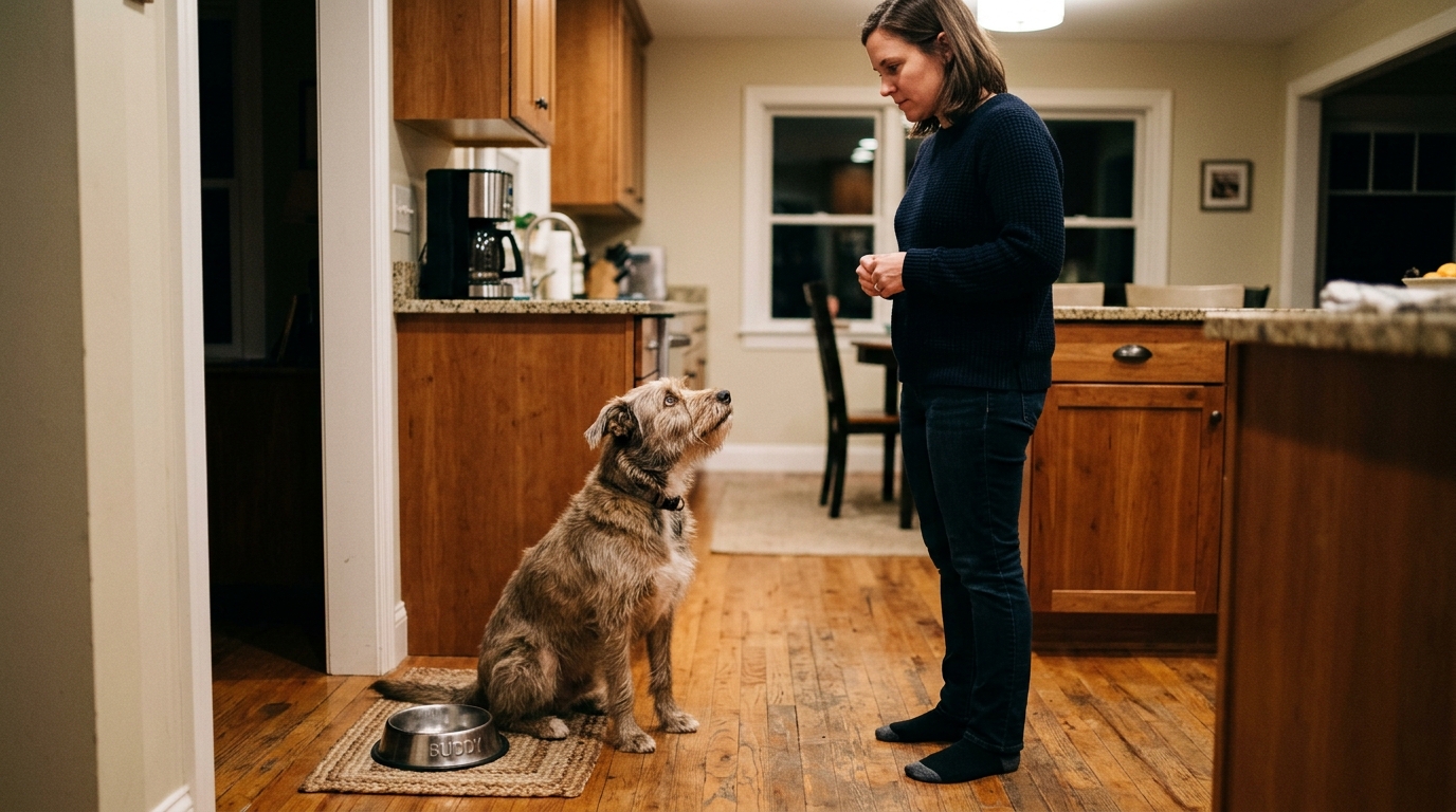 A dog sitting attentively by their food bowl looking up with hopeful eyes while their owner stands firm, soft kitchen light