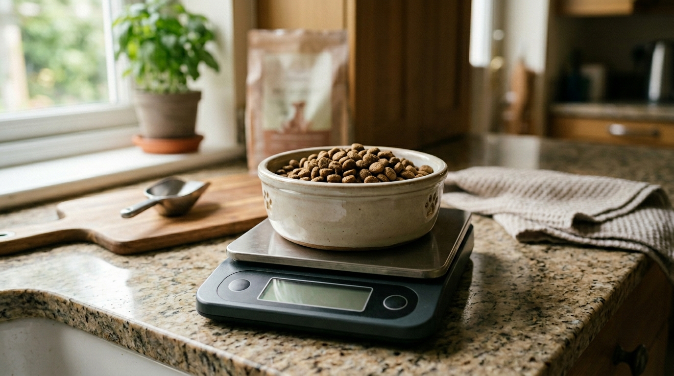 A digital kitchen scale on a worktop with measured kibble in a dog bowl on top, soft natural light, still life