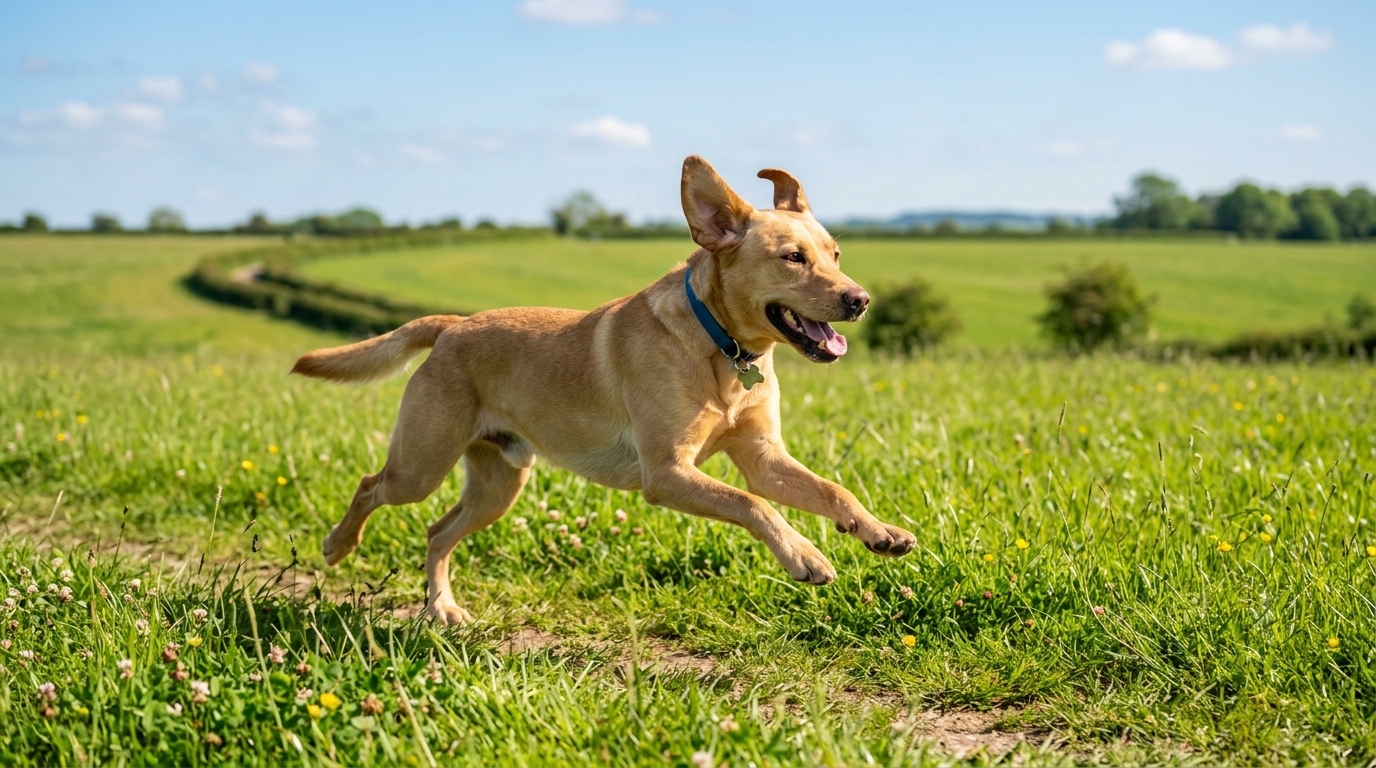 A lean middle-aged dog running comfortably in a wide green field on a sunny day, ears flying, fully engaged in life