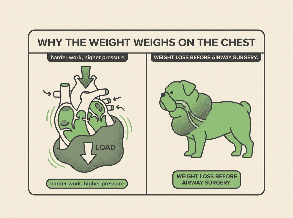 A two-panel card titled "WHY THE WEIGHT WEIGHS ON THE CHEST": on the left a heart pumping against an extra load tagged "harder work, higher pressure"; on the right a flat-faced dog silhouette with fat shaded around a narrowed airway tagged "WEIGHT LOSS BEFORE AIRWAY SURGERY".