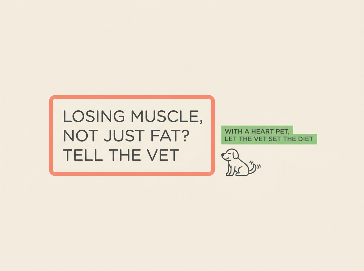 A coral-bordered "RED LINE" callout reading "LOSING MUSCLE, NOT JUST FAT? TELL THE VET", beside a charcoal line drawing of a calm pet, with a leaf-green aside "on a heart pet, let the vet set the diet".
