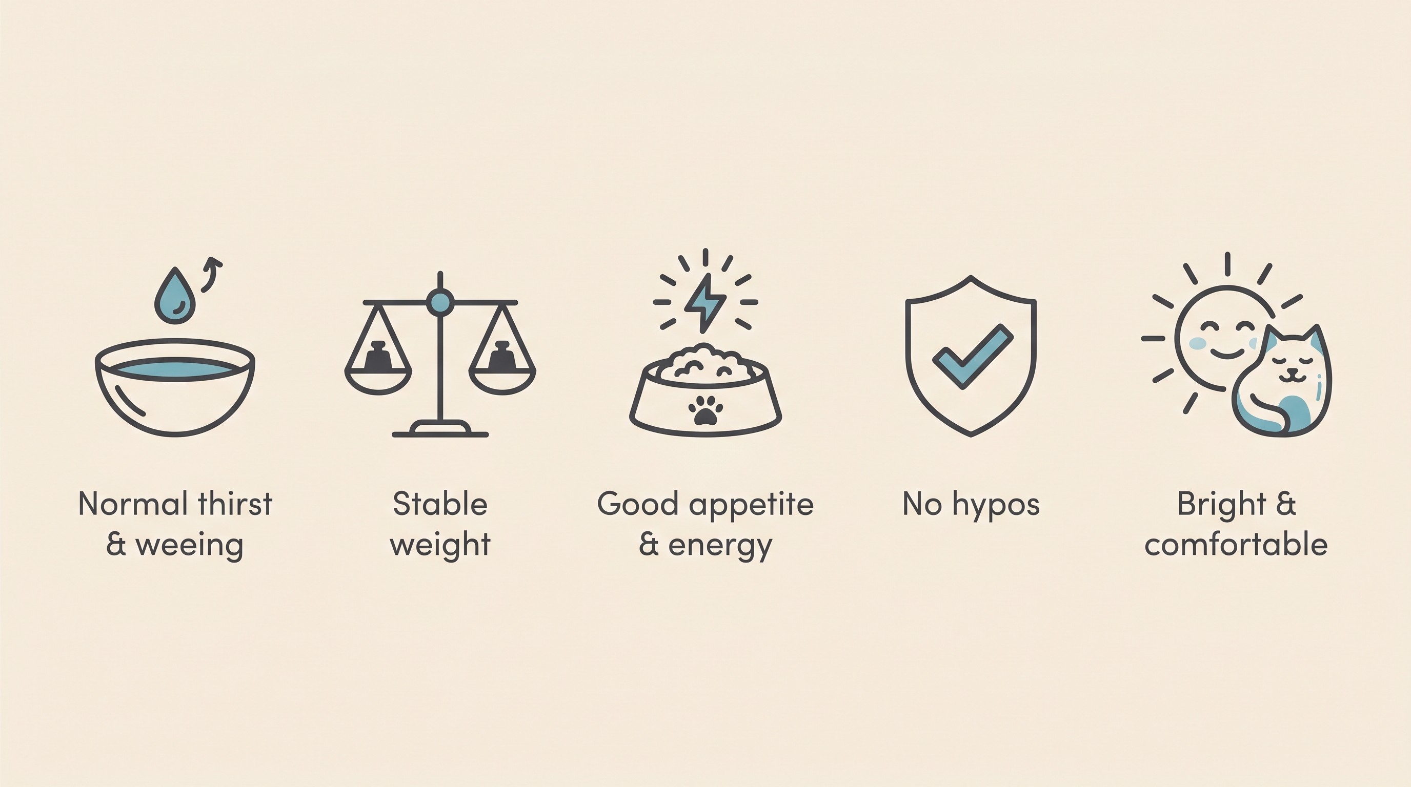 A five-icon panel on cream showing the markers of good diabetic control: "Normal thirst & weeing", "Stable weight", "Good appetite & energy", "No hypos" and "Bright & comfortable", each with a small flat icon above the label