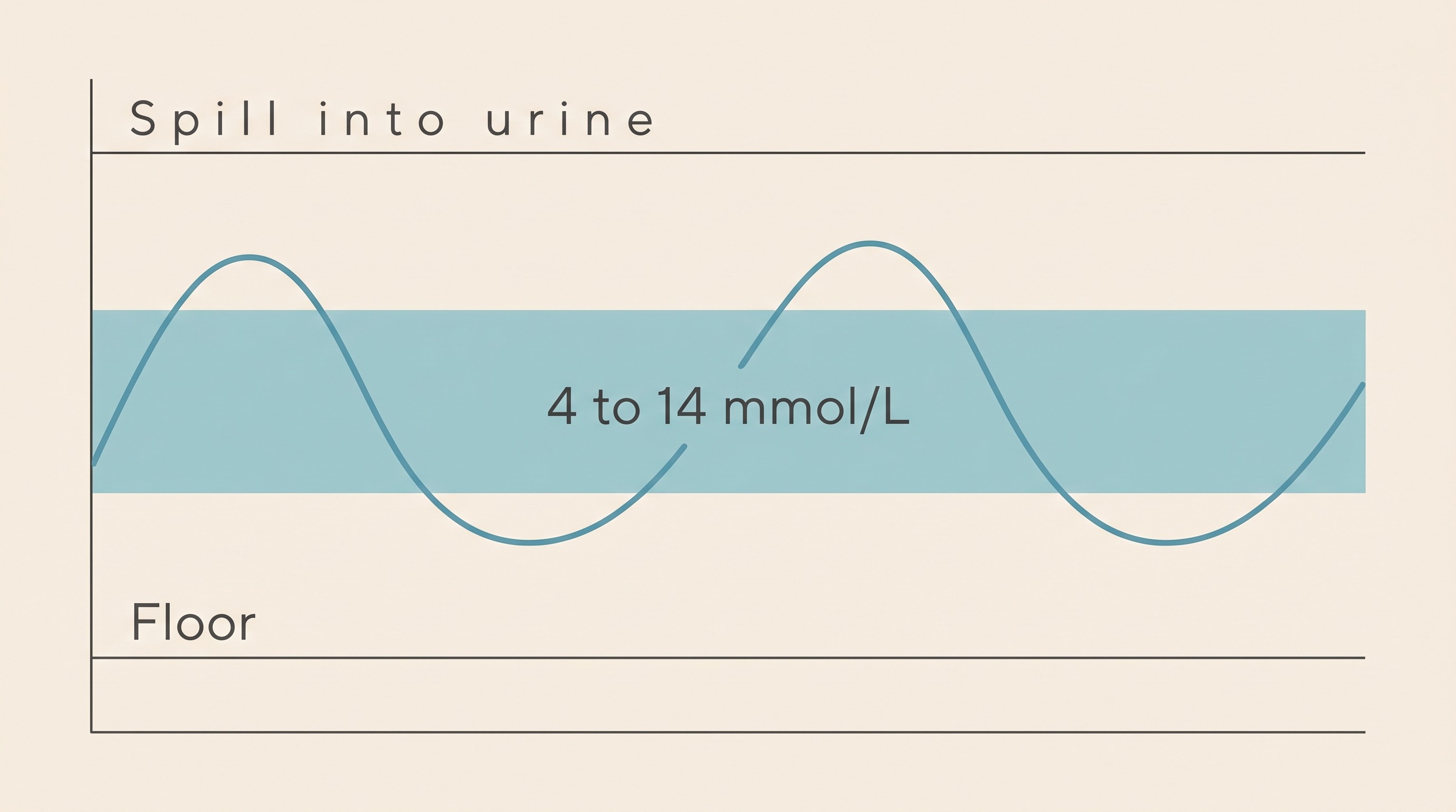 A glucose trace on cream rising and dipping across a 24-hour day, with roughly half of it shaded inside a band marked "4 to 14 mmol/L", a low "floor" line marked near the bottom and a high "spill into urine" line marked near the top