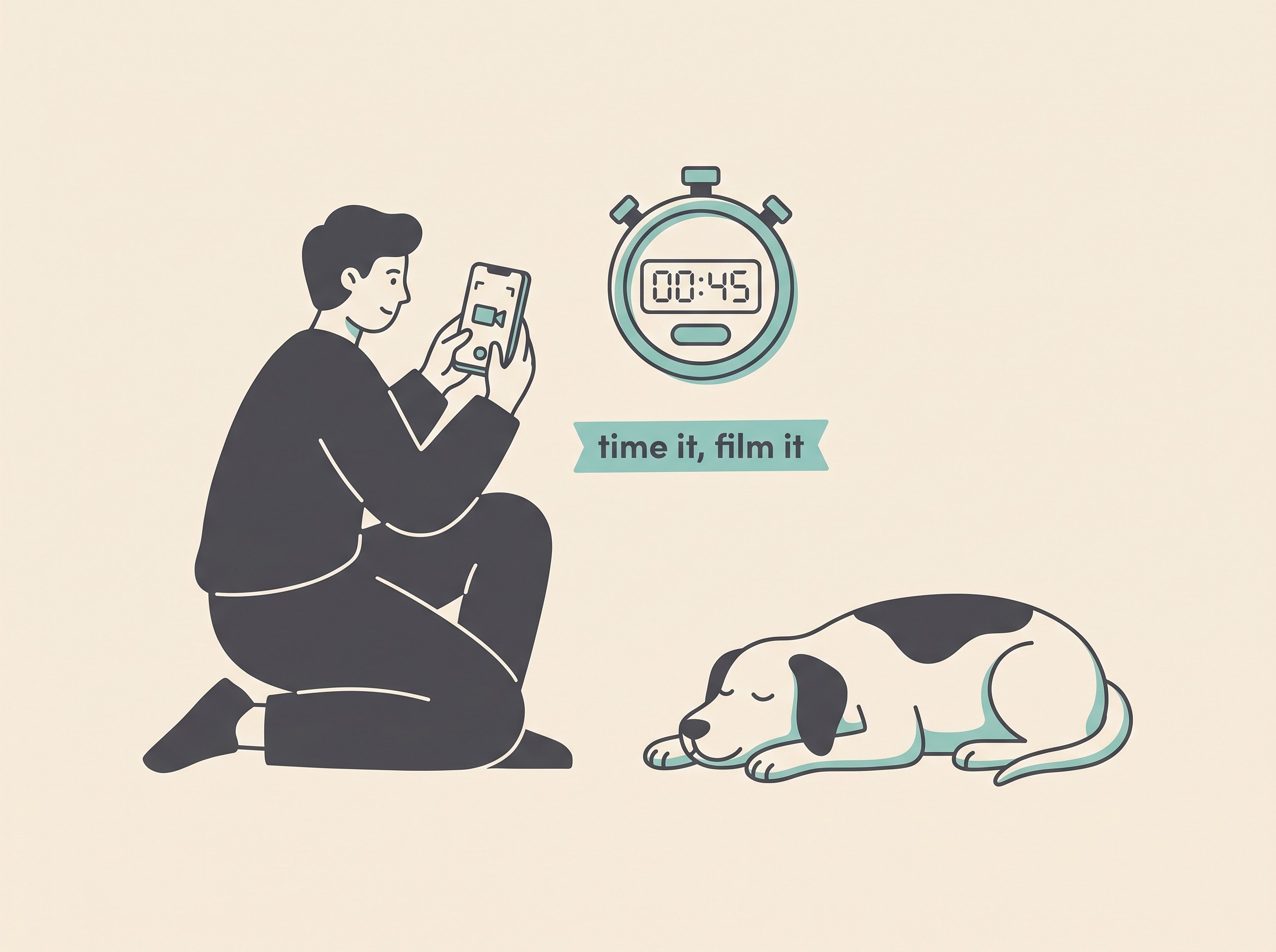 A reassuring flat illustration on cream of a person calmly holding up a phone to film a dog having a seizure from a safe distance, with a stopwatch icon reading the elapsed time, captioned simply time it film it, soft charcoal and teal palette