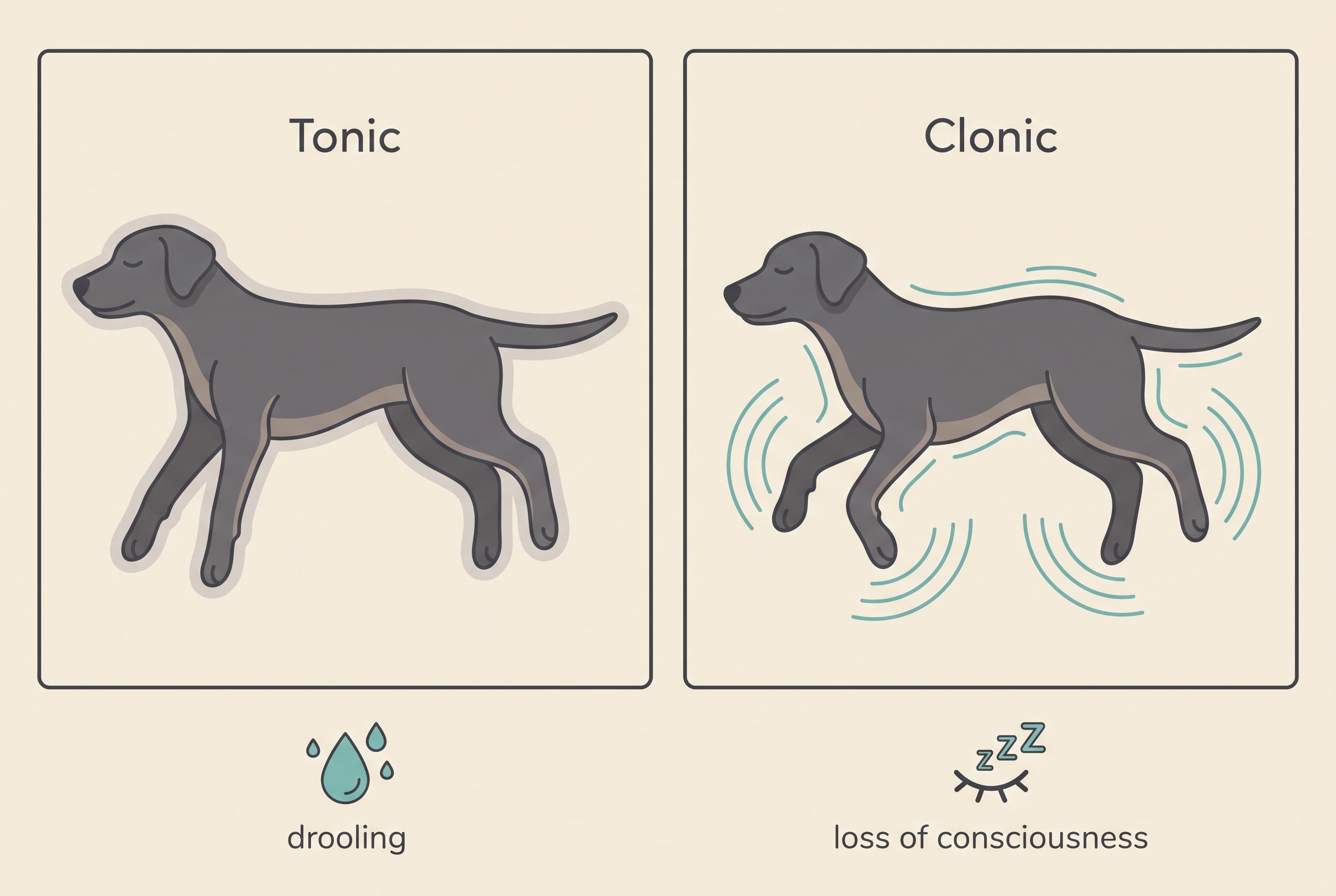 A calm flat illustration on a cream background showing the two phases of a generalised tonic-clonic seizure in a dog lying on its side: the tonic phase with the body and limbs held stiff, then the clonic phase with the limbs paddling rhythmically, with small icons for drooling and loss of consciousness, soft charcoal and teal palette