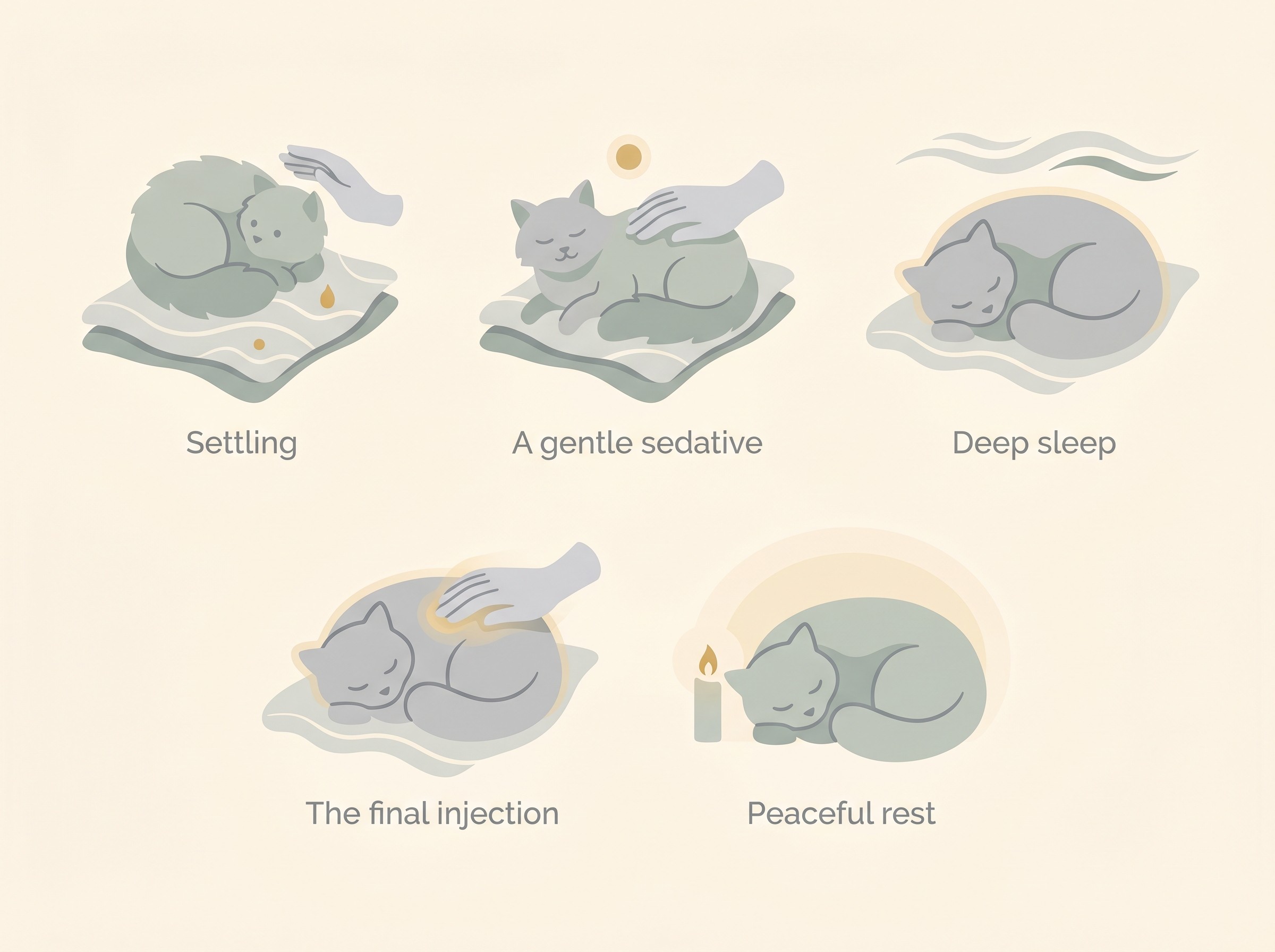 A calm five-step illustration on warm cream showing a pet settling, then a gentle sedative, then drifting into deep sleep, then the final injection, then peaceful rest, with soft dove-grey and sage-green tones and a small candle-gold accent