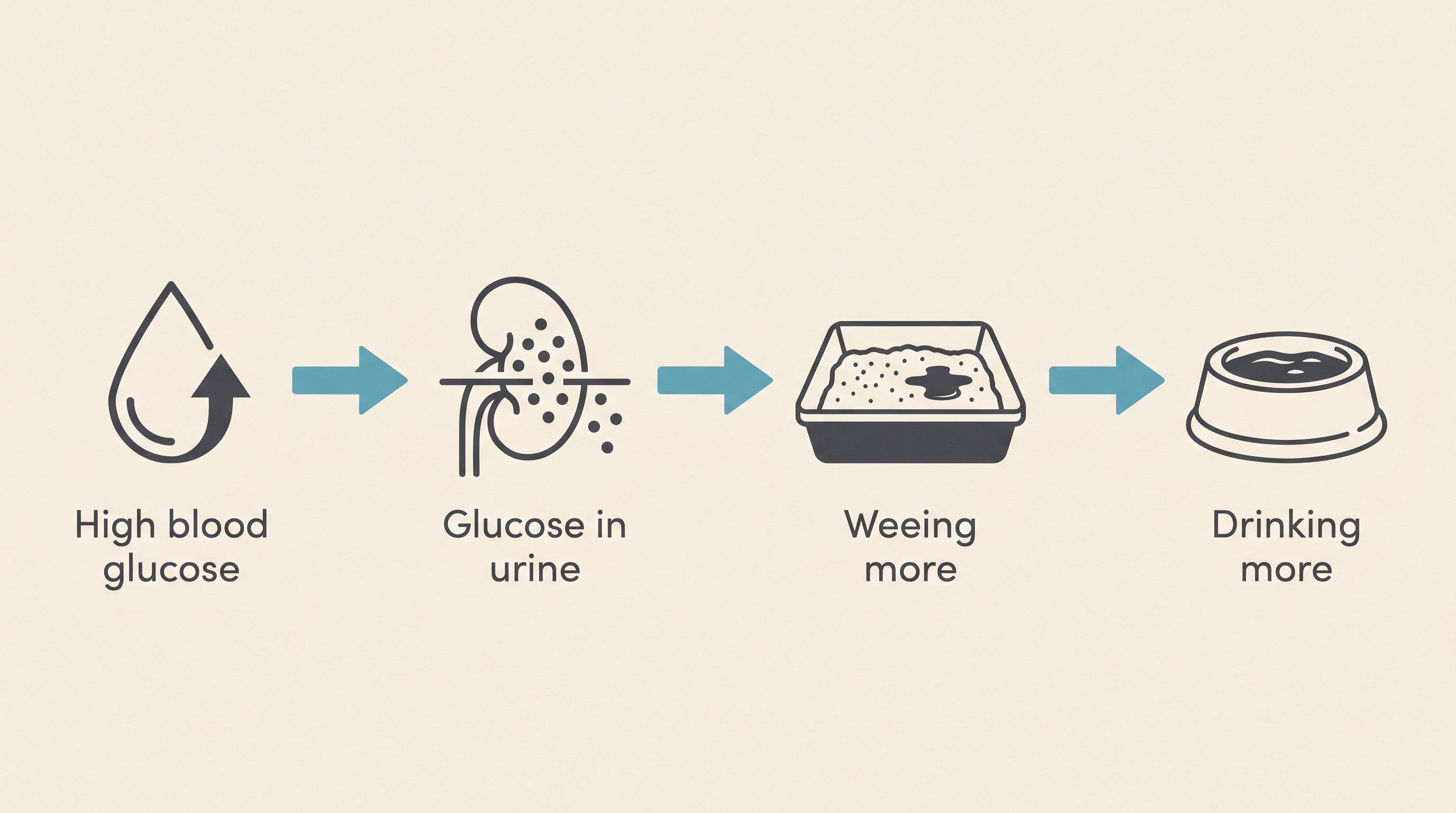 Flow from high blood glucose to glucose in urine to excess urination to excess thirst