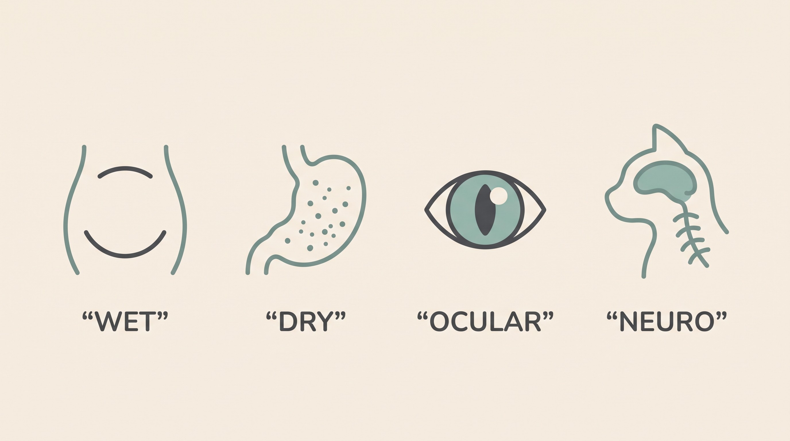 A simple four-icon strip on cream in sage-teal linework, labelled WET, DRY, OCULAR, NEURO, each with a small calm cat-based symbol and no distress shown