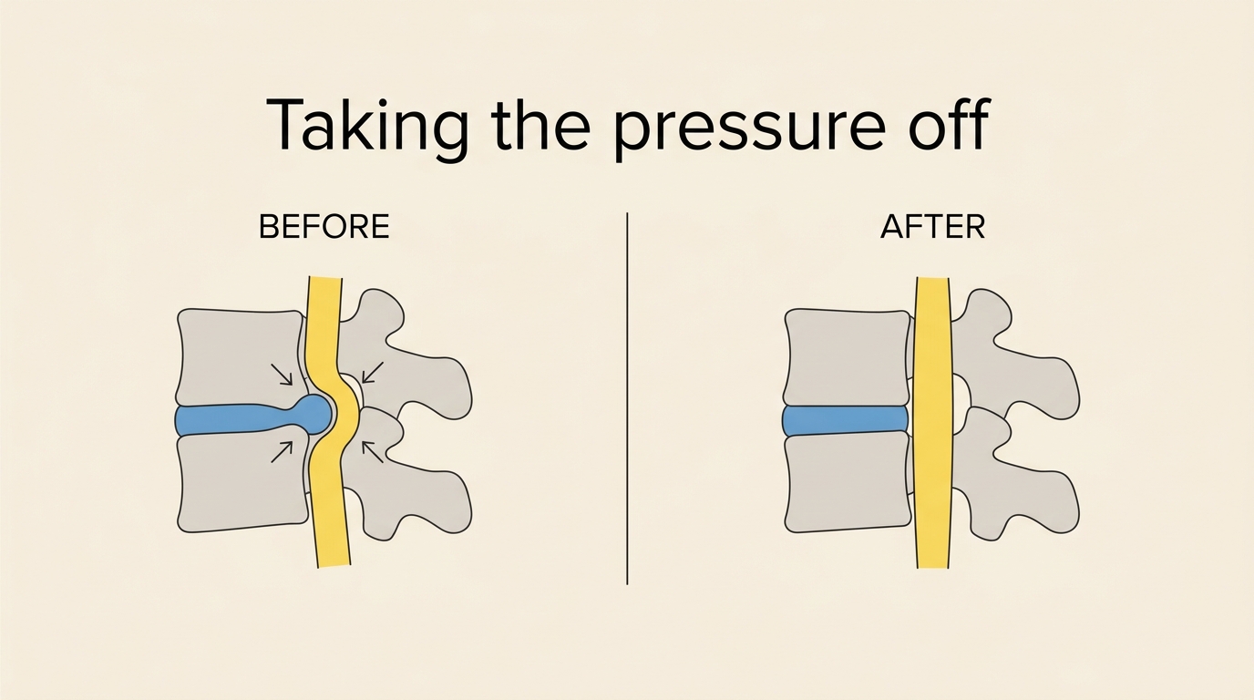 A simple before-and-after schematic of spinal decompression