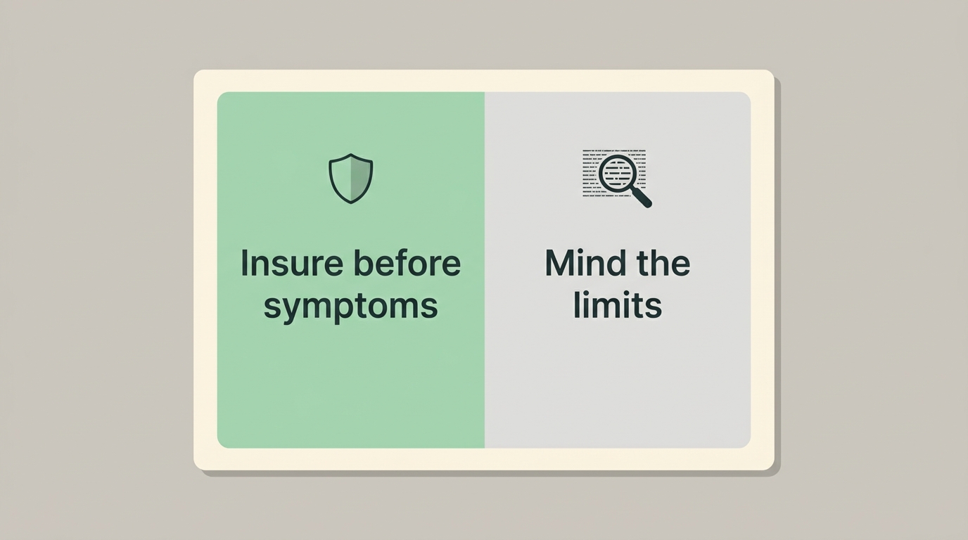 A reference card with two insurance reminders: insure before symptoms, and mind the limits