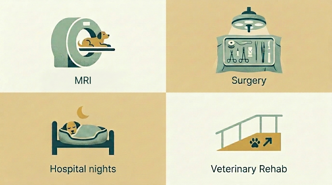 A grid of four icons showing the components of an IVDD surgery bill: MRI, surgery, hospital nights, and rehab