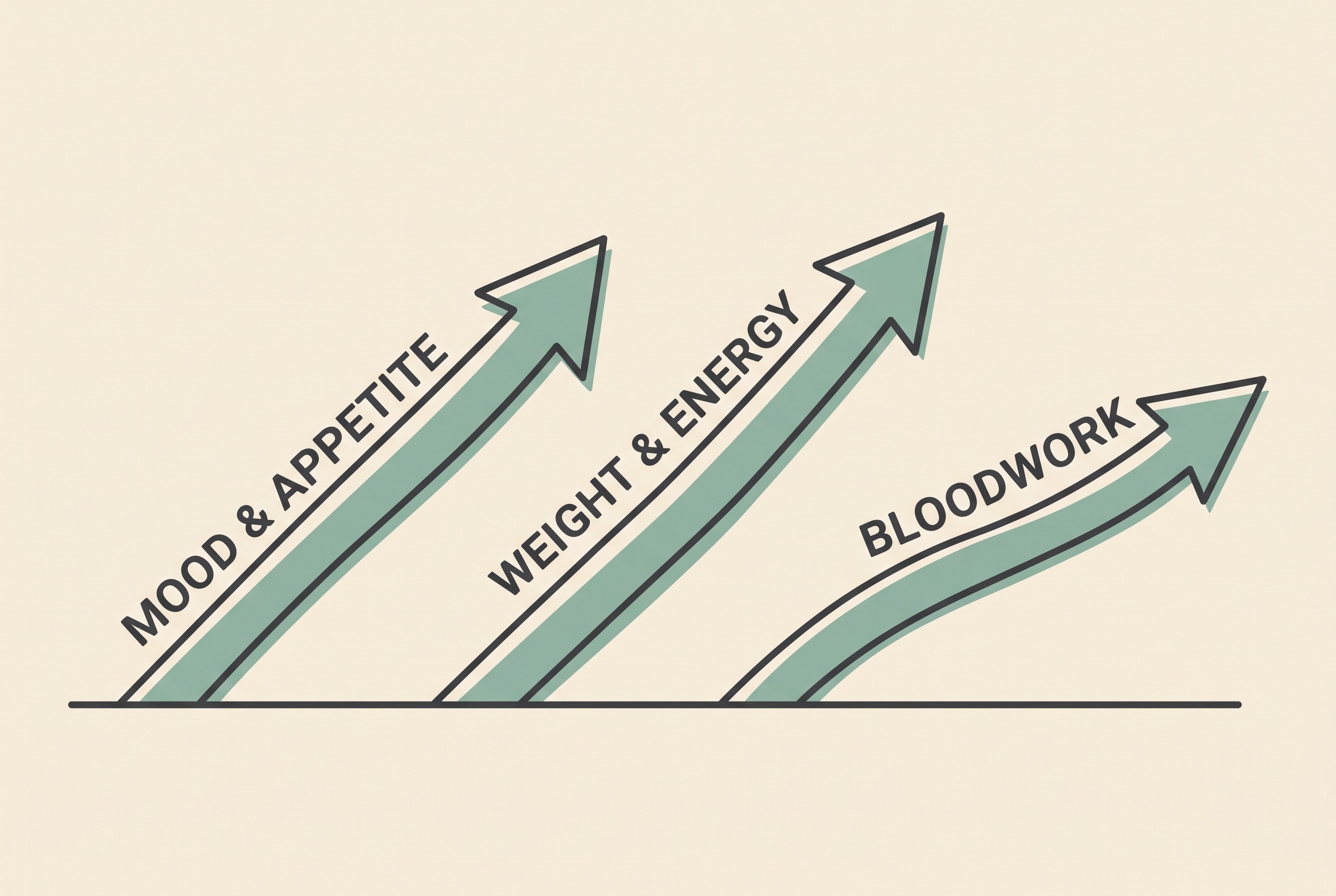 A gentle timeline card on cream showing early wins then steady gains: brighter mood and appetite first, then weight and energy, with bloodwork improving more slowly