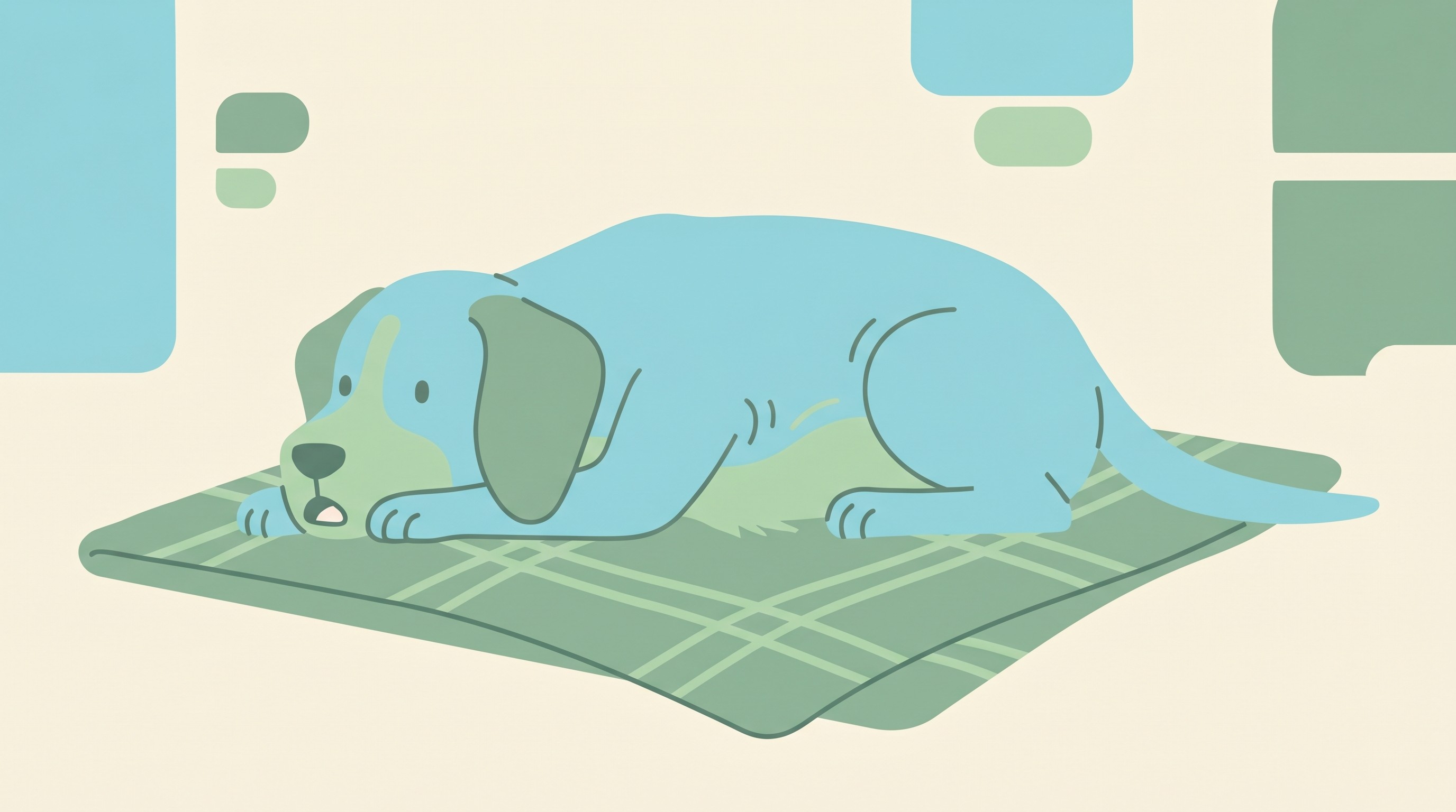A worried-looking dog resting on a blanket, breathing with visible effort through a slightly open mouth, in a warm flat-vector style on a cream background