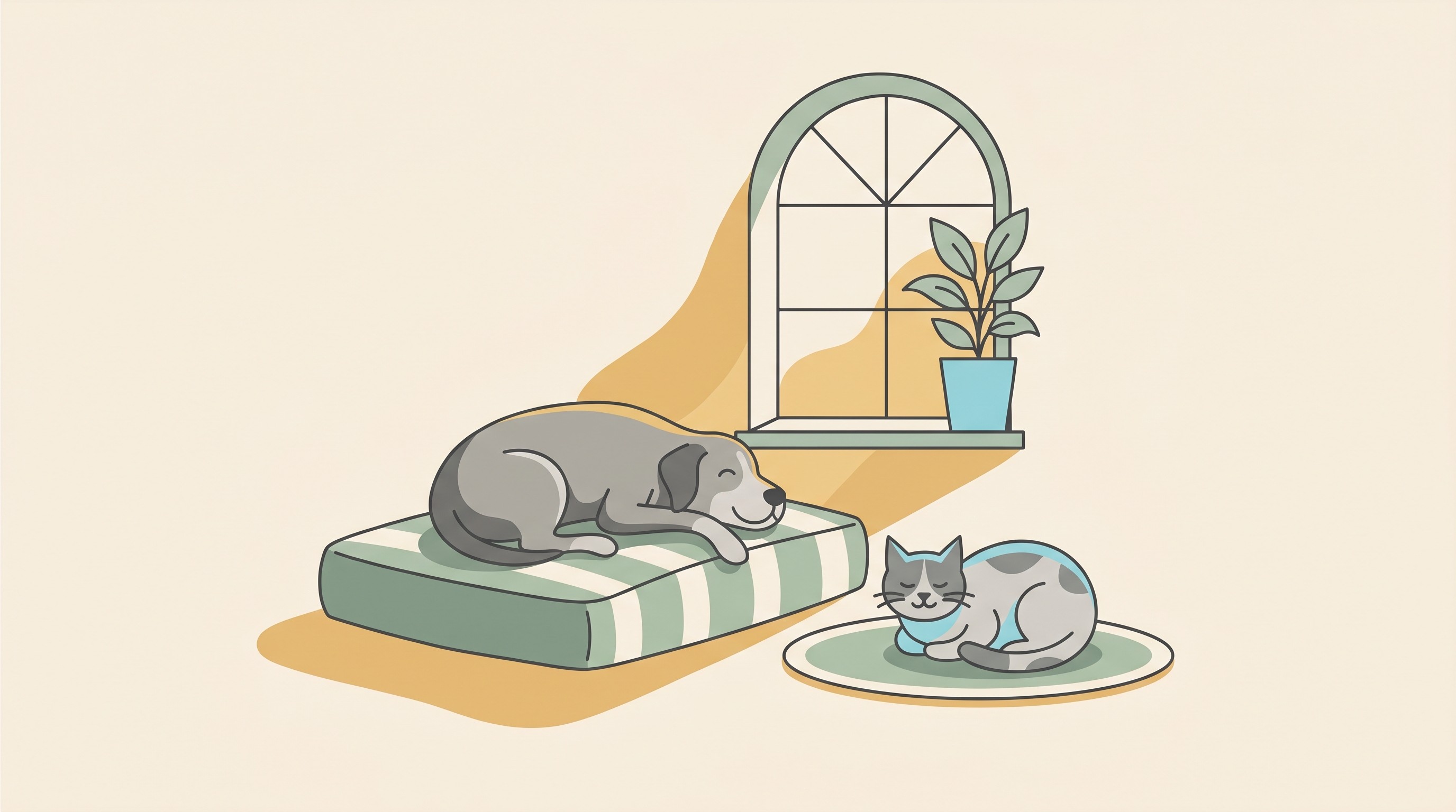 A calm older dog resting on a soft bed by a window in warm light, breathing easily, in a flat-vector style on a cream background