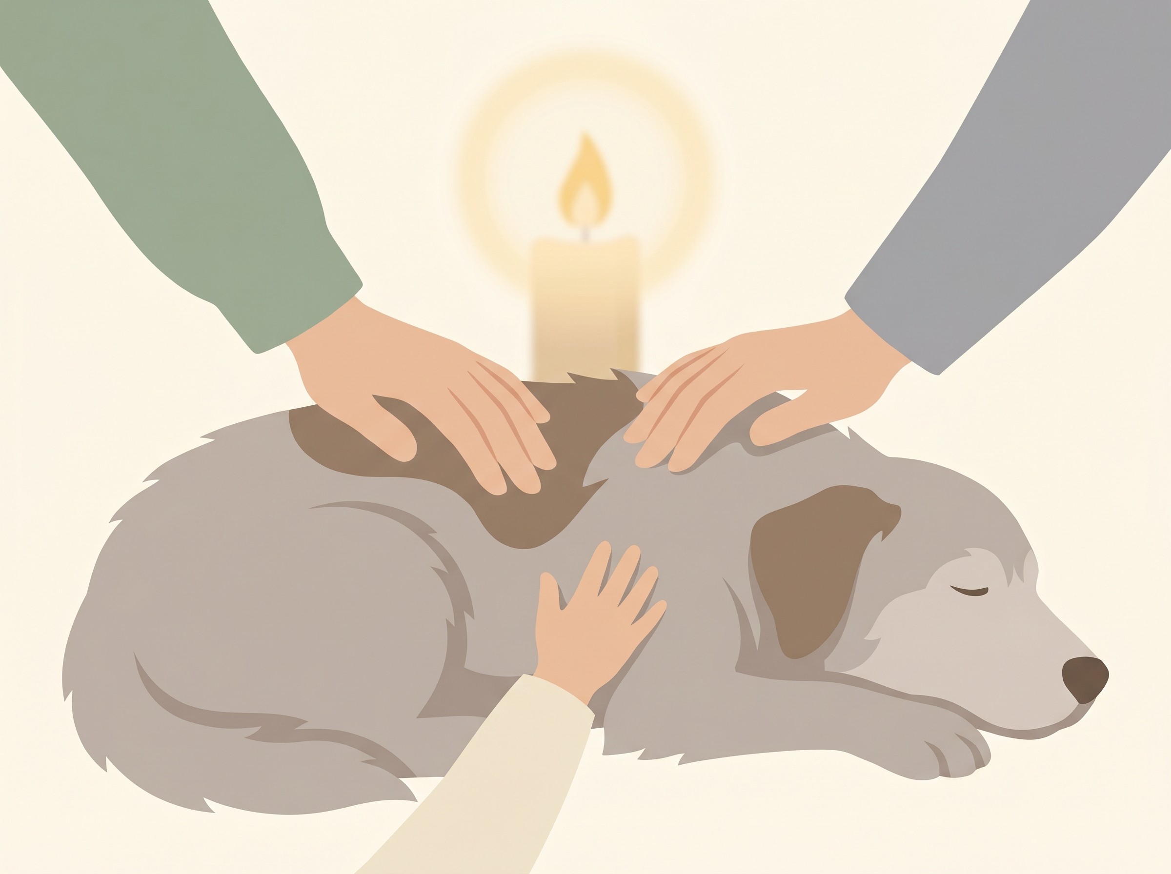 Two adult hands and a small child's hand resting together on the side of an old dog asleep in soft, warm light, a candle glowing out of focus behind them, no faces shown