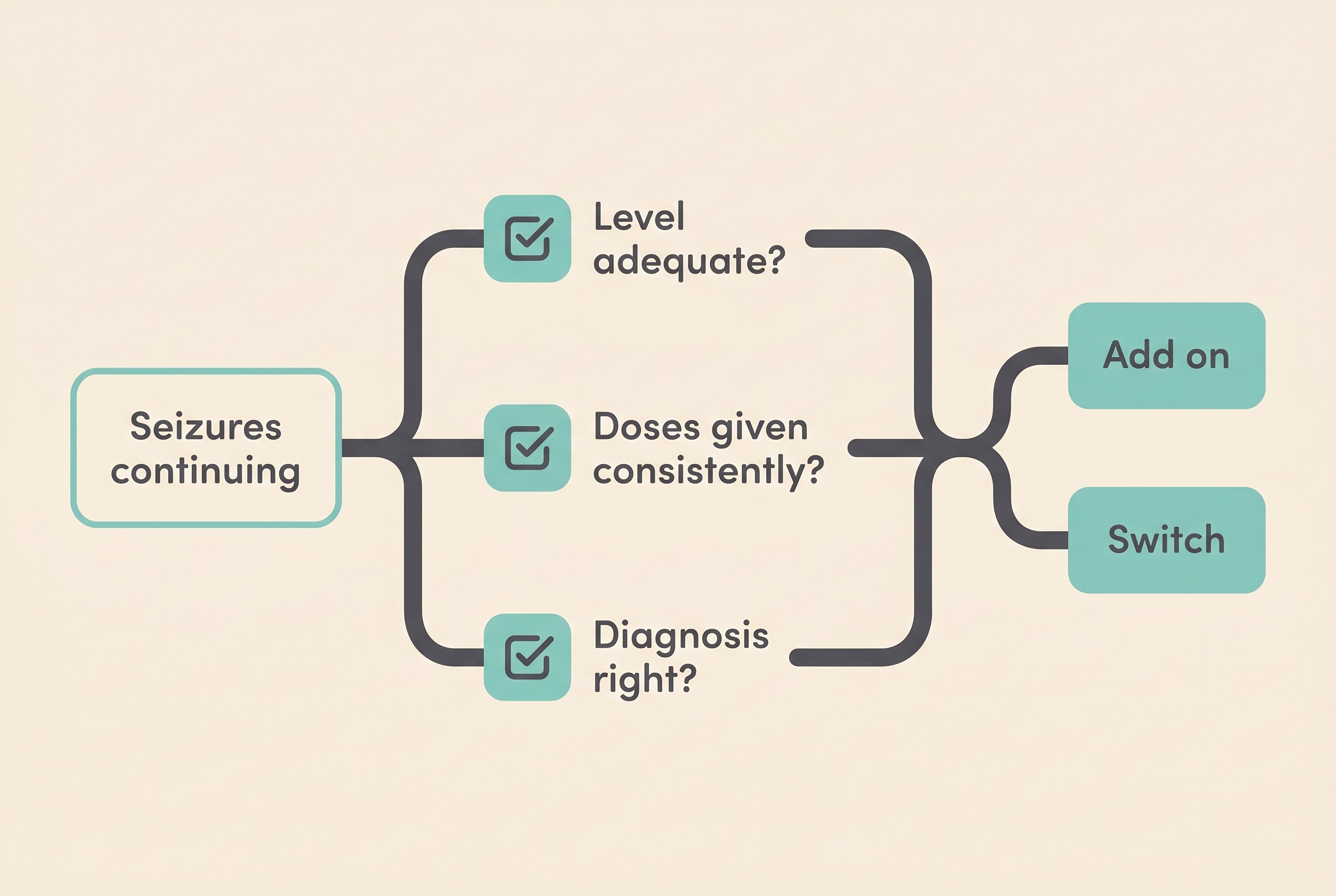 A flat illustration on cream of a simple decision path: a box labelled "Seizures continuing" branching through three check boxes, "Level adequate?", "Doses given consistently?" and "Diagnosis right?", before reaching a fork labelled "Add on" and "Switch"