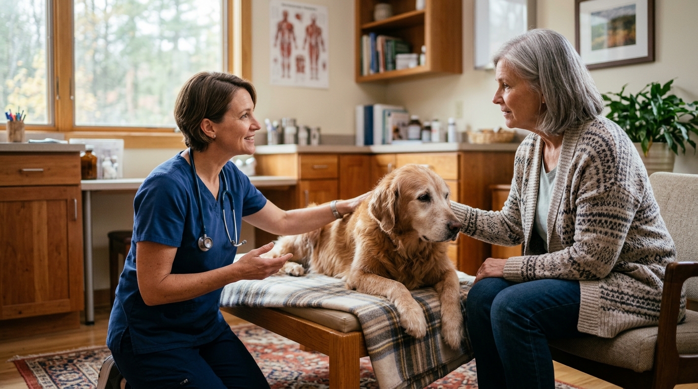 An owner and their senior dog with a vet in a calm consulting room, a gentle reassuring conversation, the dog settled, soft natural light