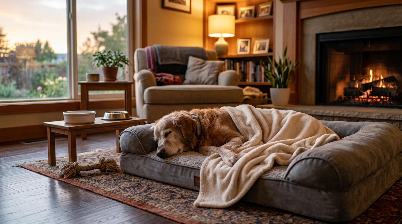 A senior dog resting comfortably on a thick orthopaedic bed moved downstairs into a warm living room, everything within easy reach, soft evening light
