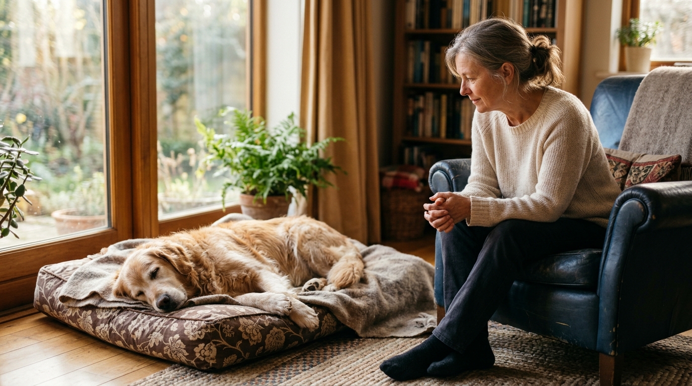 An owner sitting quietly and watching their senior dog rest, attentive and calm, soft afternoon light through a window
