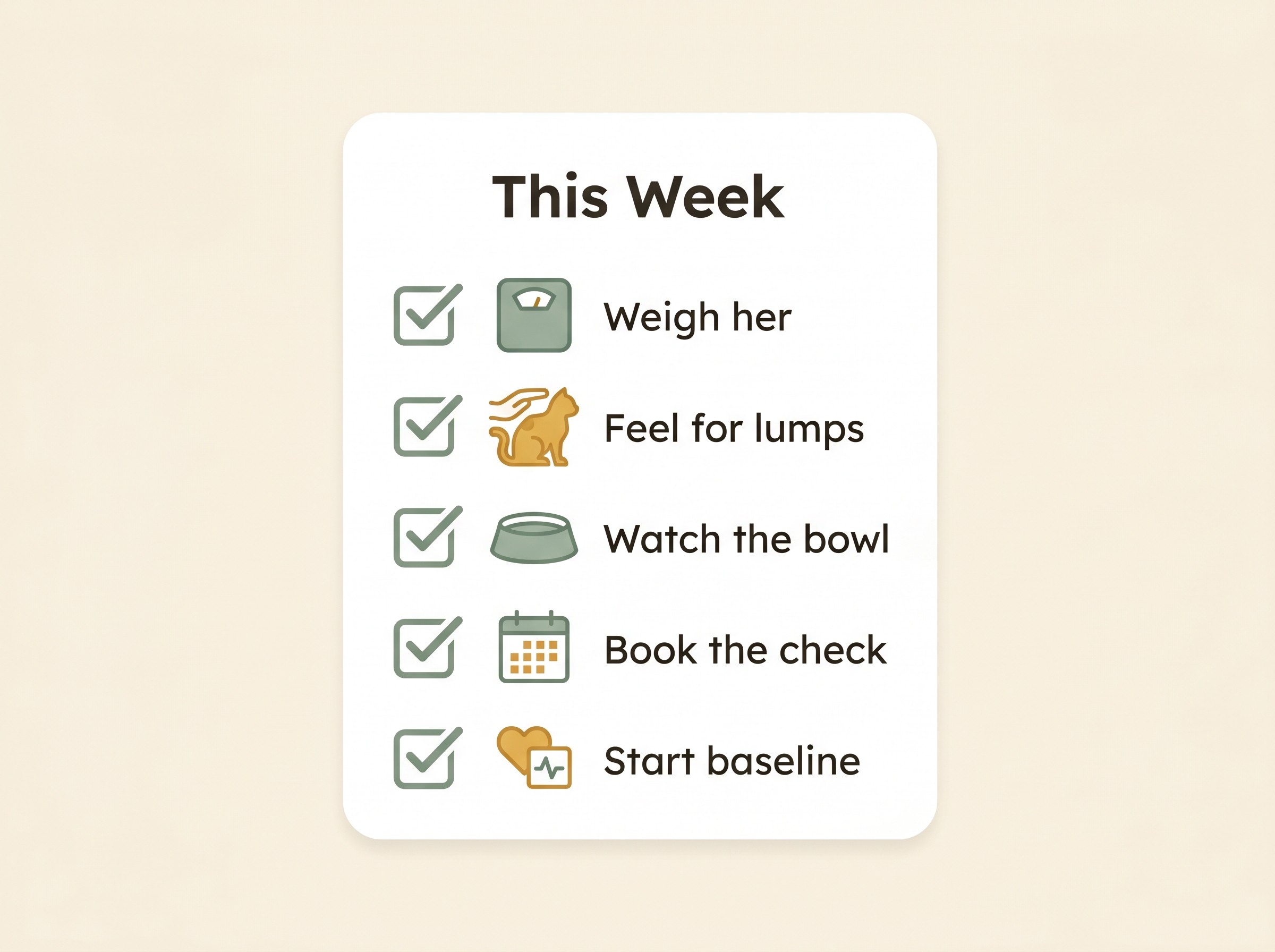 A simple "this week" checklist card for a newly senior cat: weigh her and note it, run hands over the body and chin for lumps, watch the water bowl and litter tray for a week, book the six-monthly senior check, and start a Vitality and Mind/Sharpness baseline.