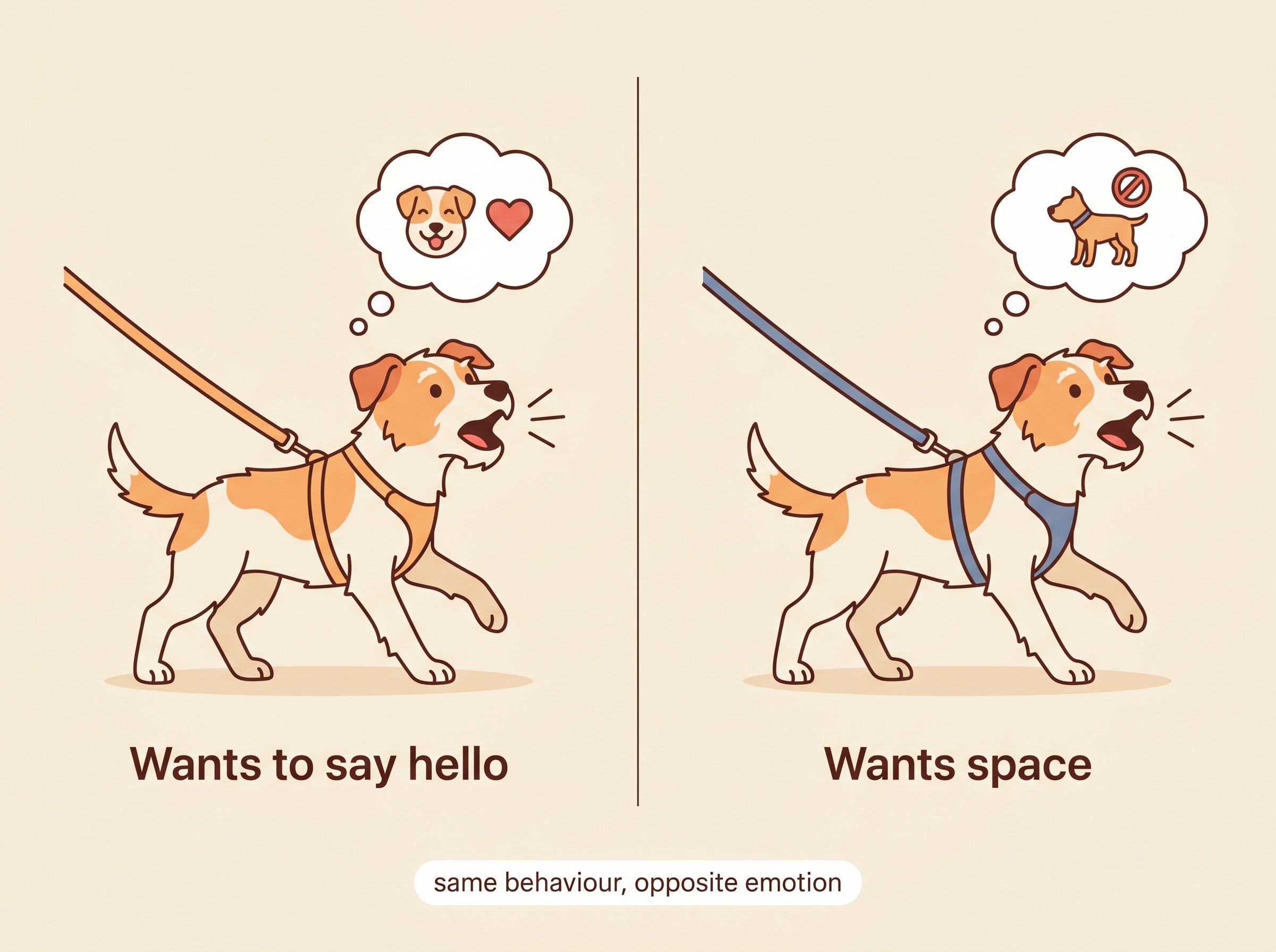 Two cartoon dogs side by side both lunging and barking on a lead, one with a thought bubble showing it wants to reach a friend and one with a thought bubble showing it wants the other dog to go away
