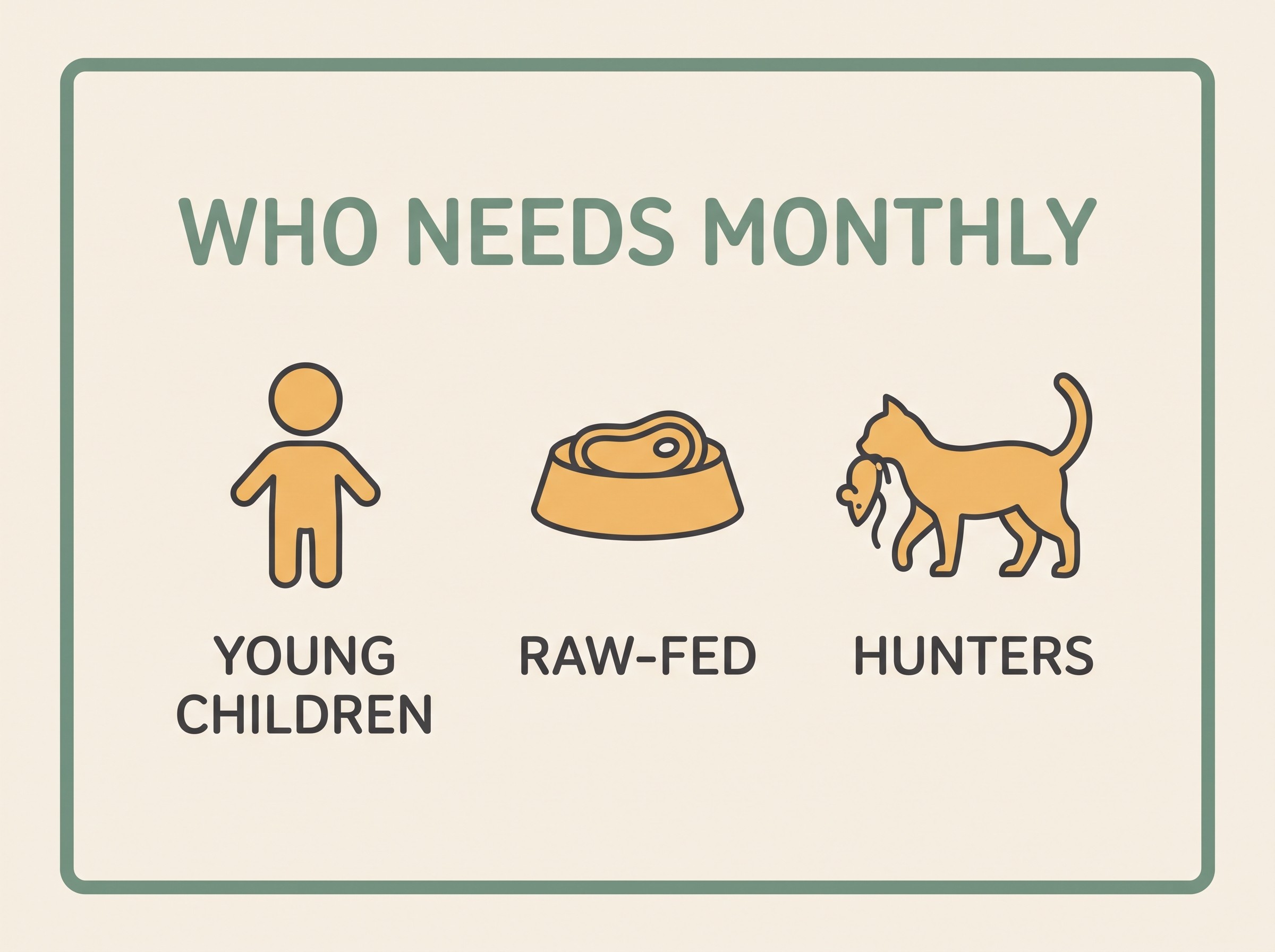 A "who needs monthly worming" card with simple icons for a young child, a raw feeding bowl and a hunting cat, the higher-risk flags in restrained amber, on warm cream.