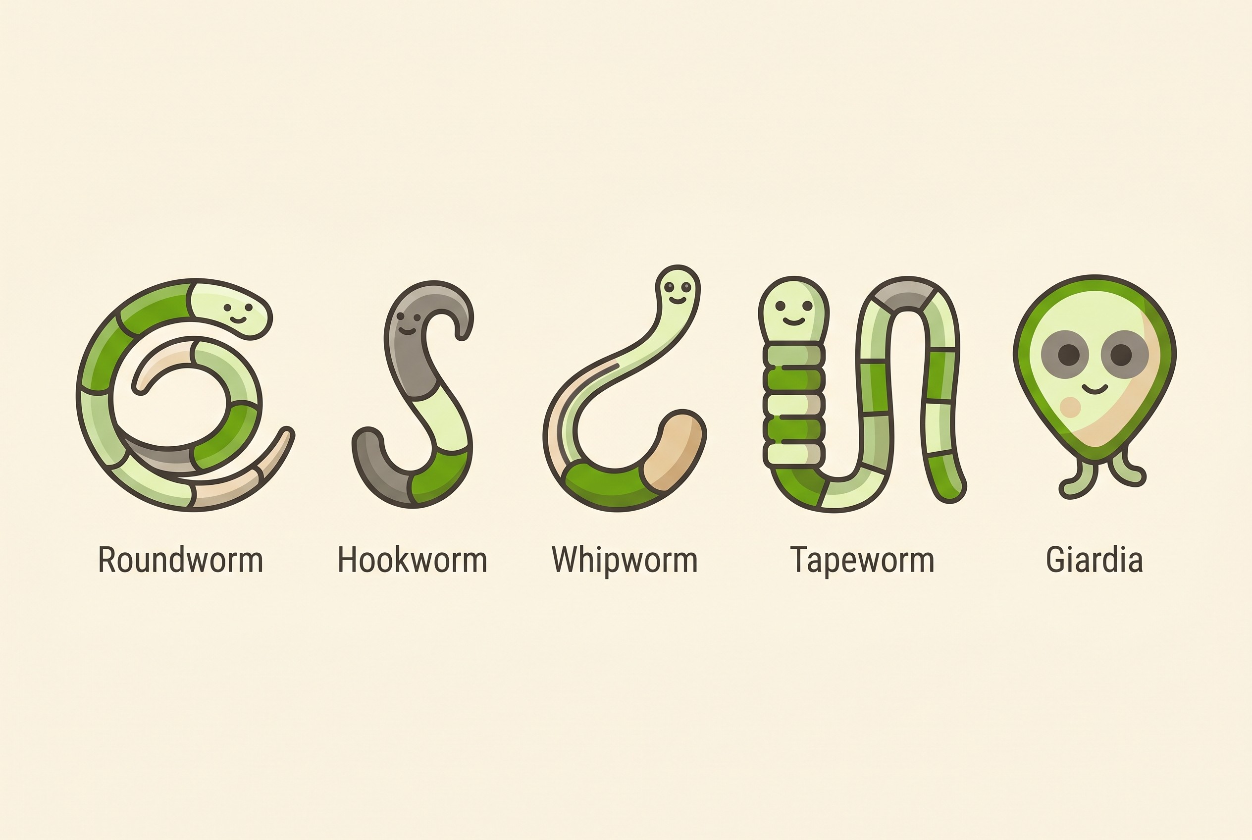 Flat icons on cream showing a roundworm, a hookworm, a whipworm, a tapeworm and a single-celled giardia, each labelled