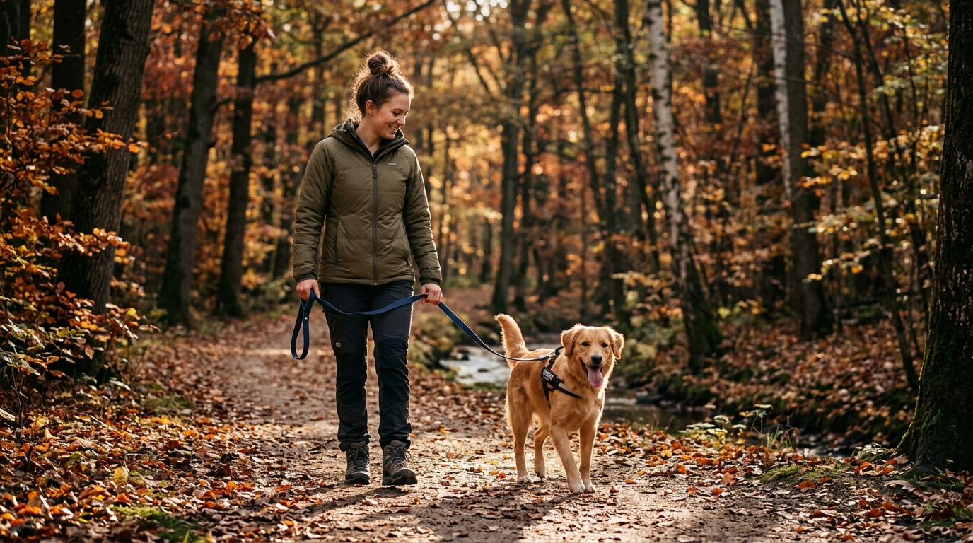 A young dog and owner walking together along a forest path on a soft autumn morning, the dog walking steadily on lead, both happy and engaged, warm golden light through the trees