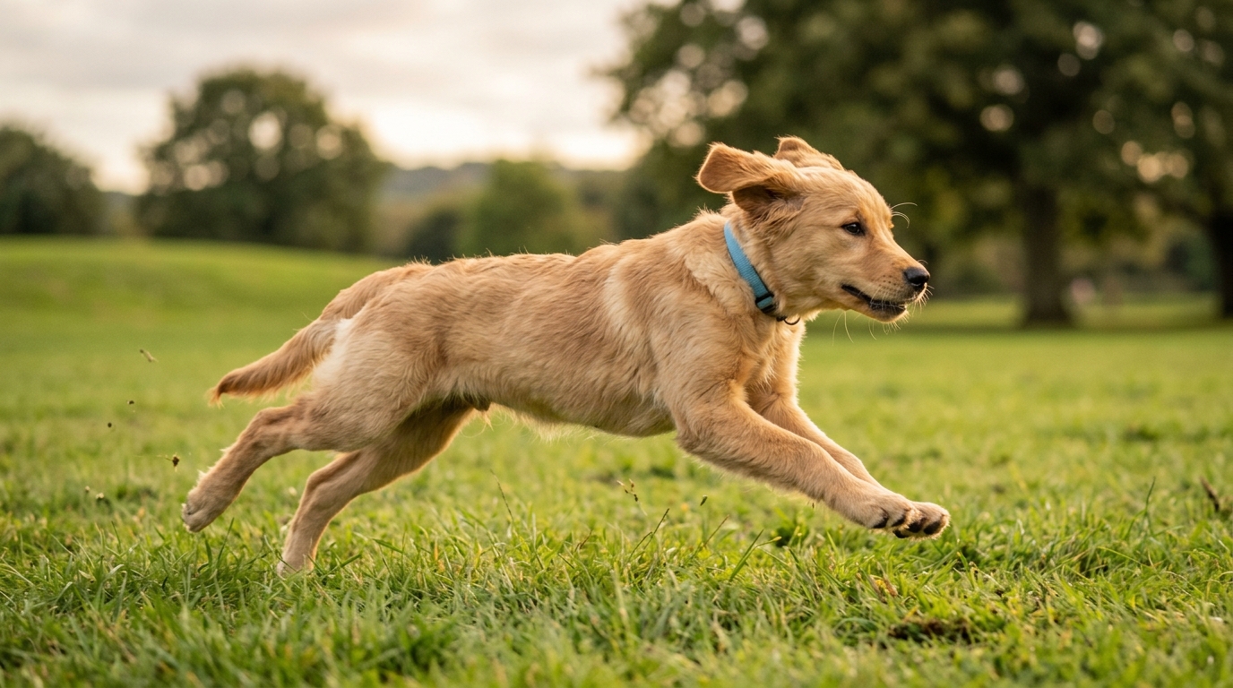 A young Golden Retriever puppy about six months old running on grass mid-stride, soft outdoor light, warm sunny atmosphere