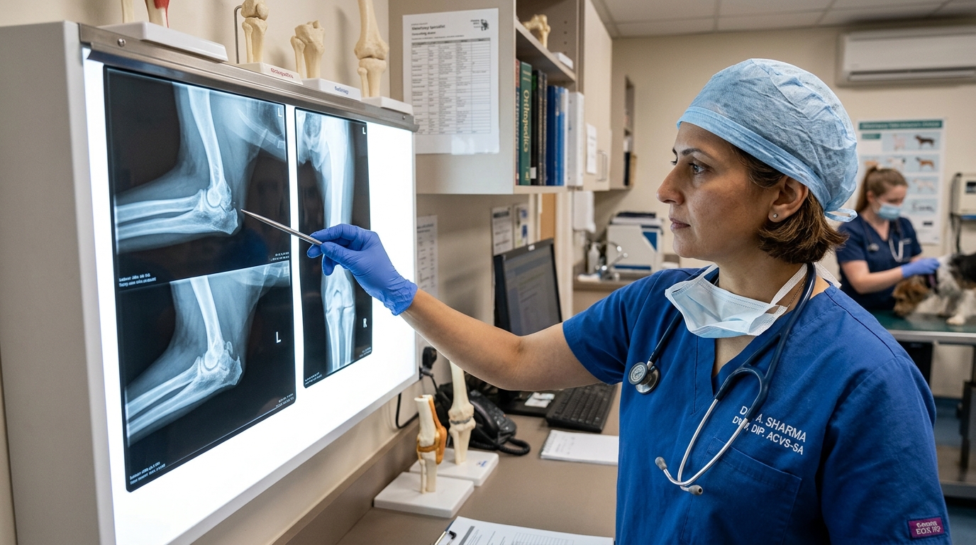 A veterinary orthopaedic surgeon in scrubs examining X-rays of canine elbow joints on a light box, focused clinical atmosphere